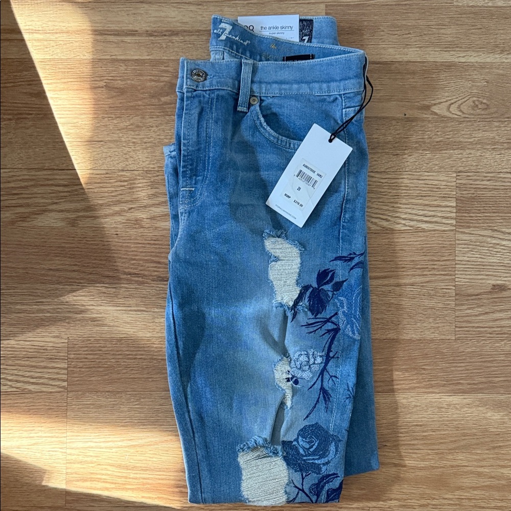 7 for all Mankind Blue Floral Embroidered Women's Jeans